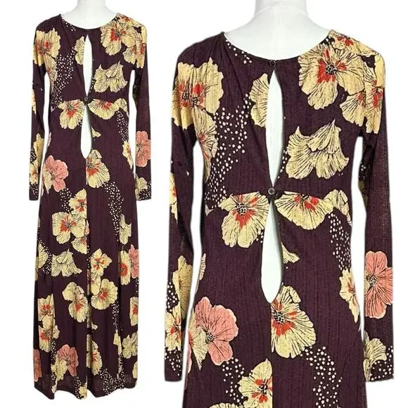 Free People Calla Midi Maxi Dress in Plum Combo Size XL Edgy Floral 90s Bohemian - Picture 12 of 15